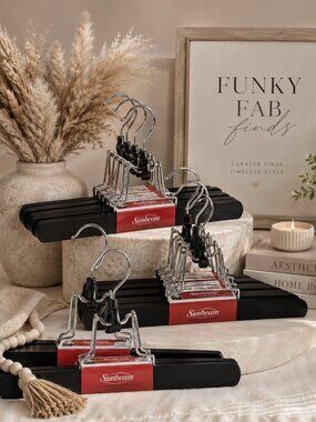 Sunbeam Black Wooden Skirt Pants Hangers Set of 9 Heavy Duty Chrome Swivel Hook